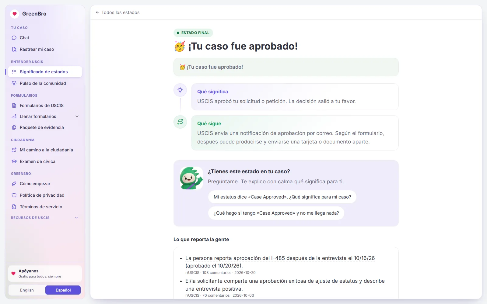 Pantalla de GreenBro explicando el estado «Caso aprobado» de USCIS