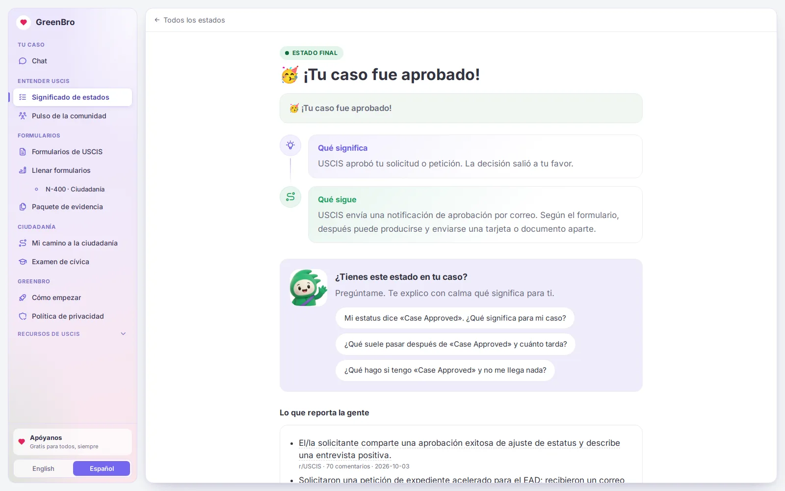 Pantalla de GreenBro explicando el estado «Caso aprobado» de USCIS